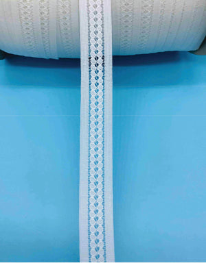 white insertion lace on a blue back ground