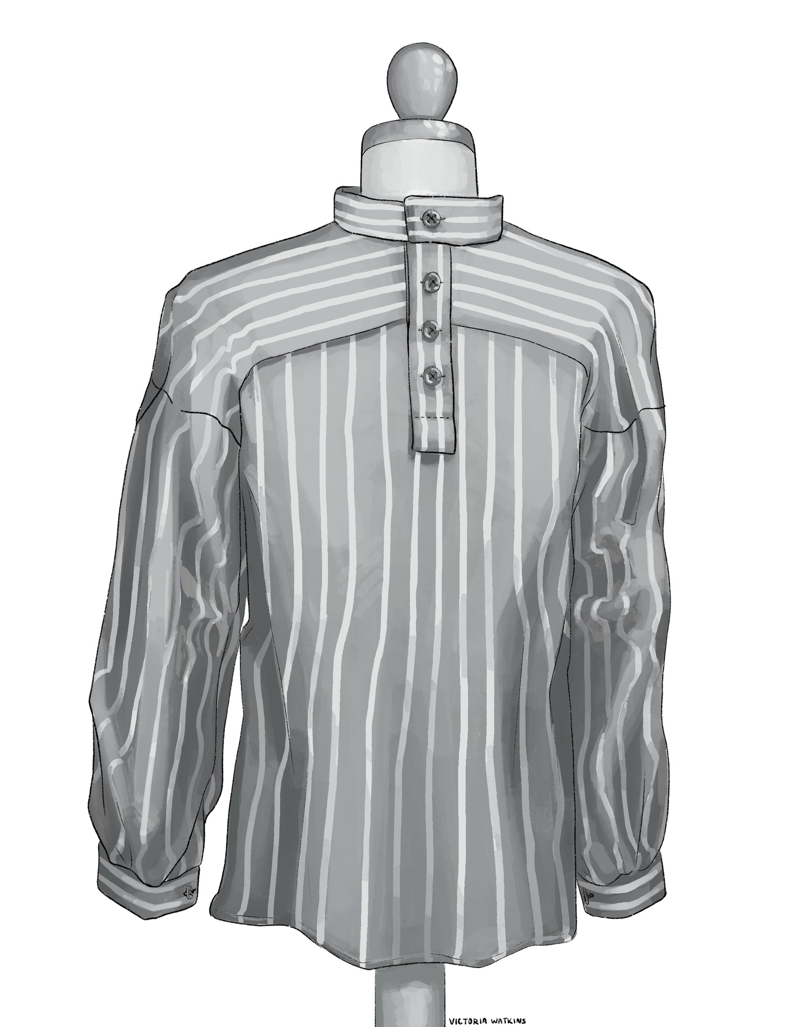 Man wearing a blue and white striped busserull shirt outside by green shrubbery
