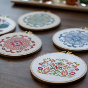 Mediterranean Medallion cross stitch hoop kit in three colors!