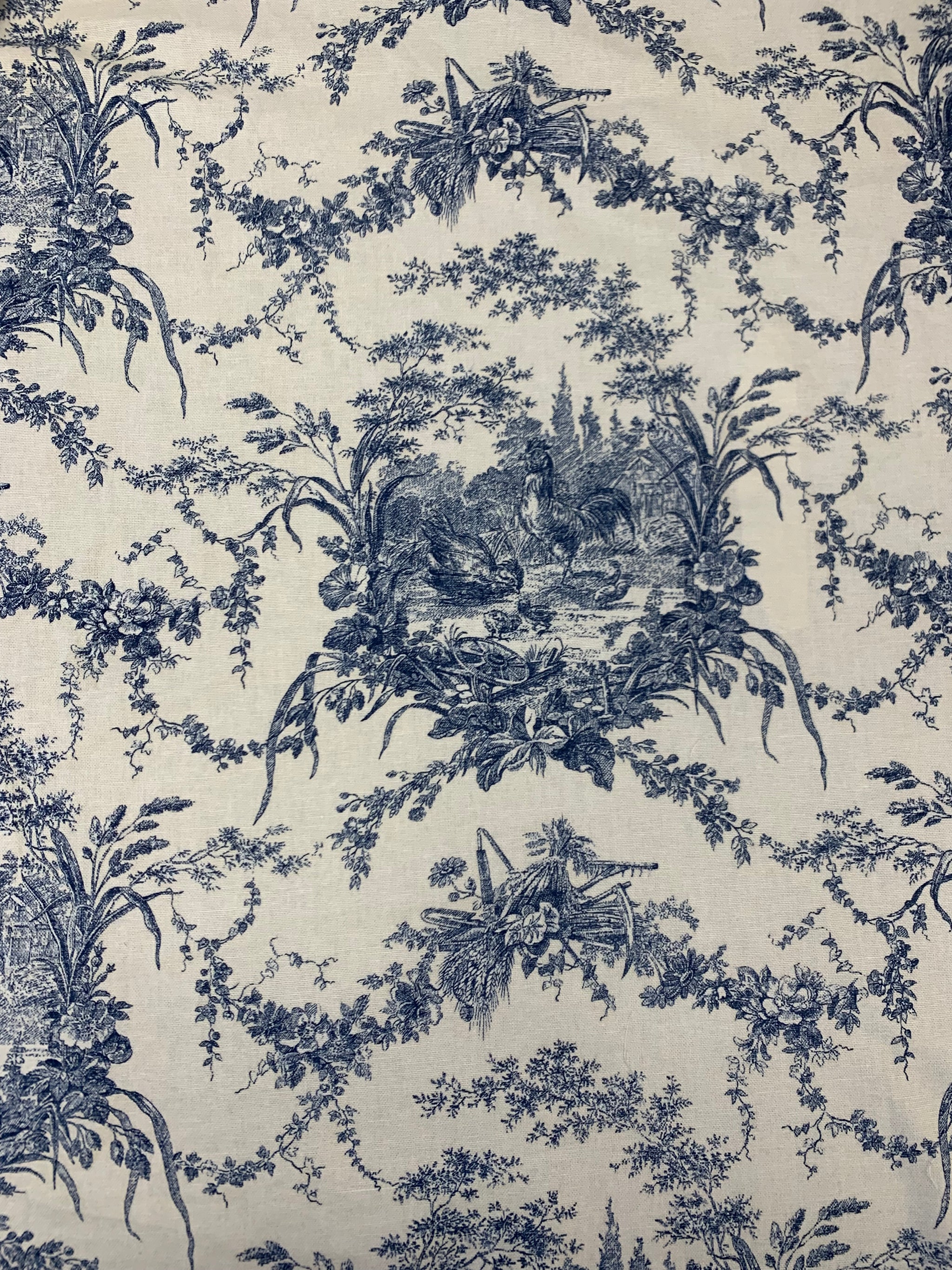 french toile fabric  in blue and white