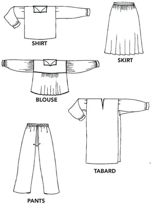 Black and white line drawings of five garments with labels: shirt, skirt, blouse, pants, and tabard.