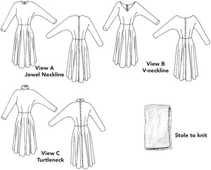 flat lays of front and back of each view of this dress with three neckline options and a stole to knit.