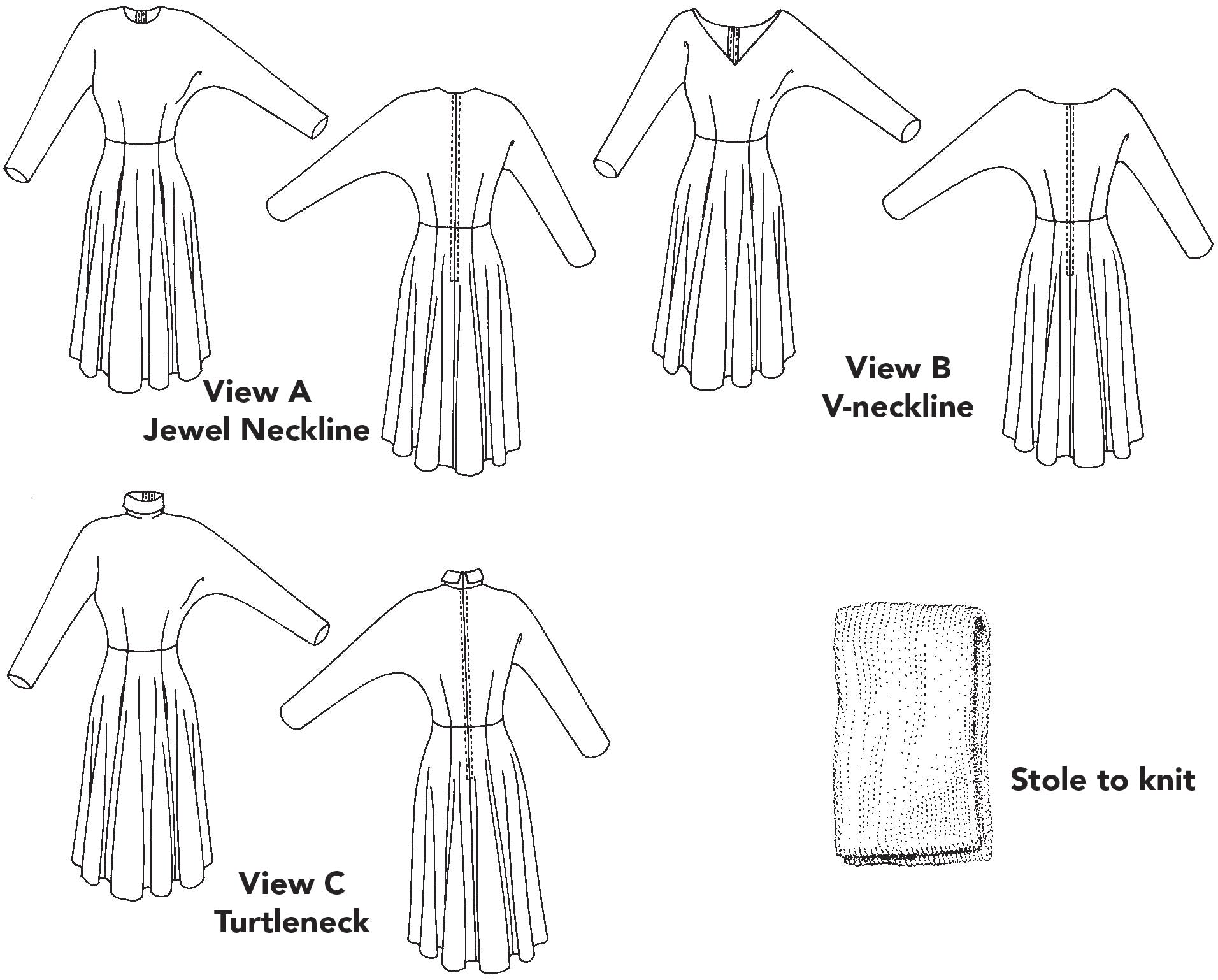 flat lays of front and back of each view of this dress with three neckline options and a stole to knit.