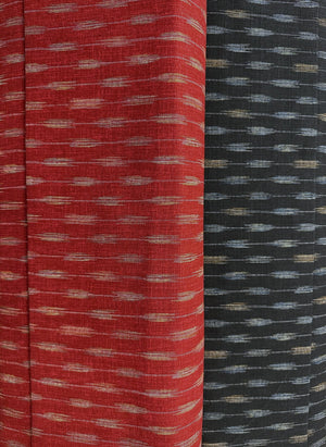 Two fabric swatches, one red with a subtle pattern and one black with a blue and beige pattern, side by side.