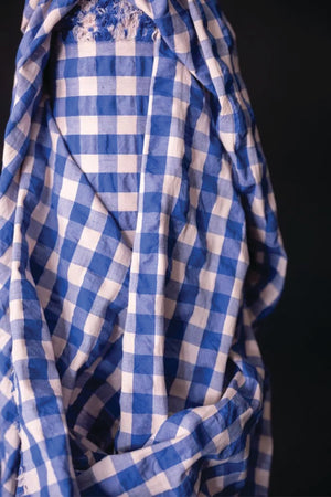 A summery bouncy cotton seersucker in a bright cobalt blue and a very light baby pink.