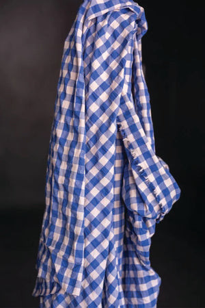 A summery bouncy cotton seersucker in a bright cobalt blue and a very light baby pink.