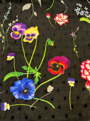 Colorful floral pattern on a black polka dot background