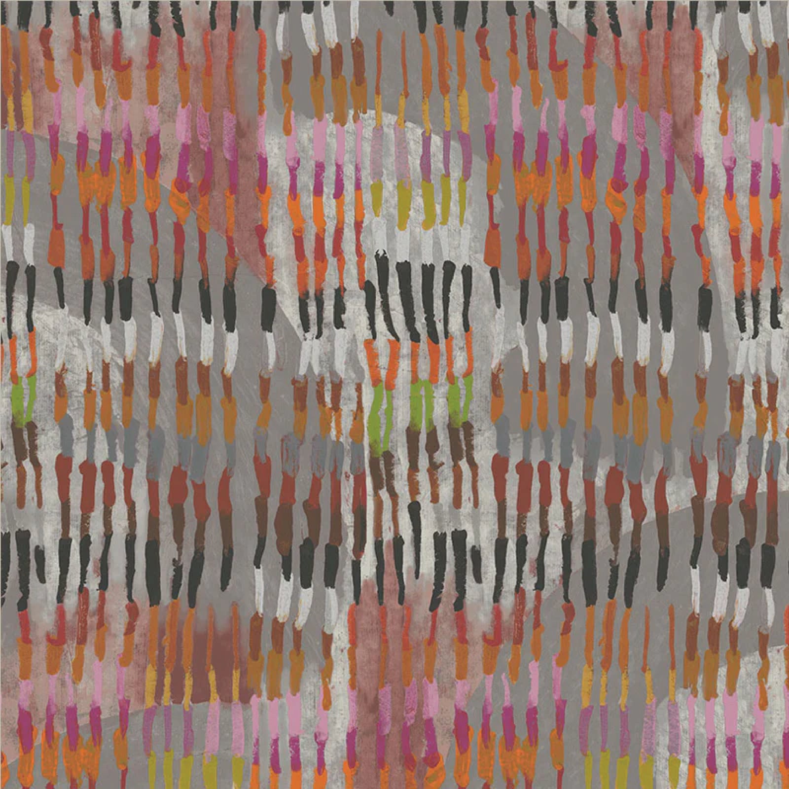 A close-up of a fabric pattern by Windham Fabrics featuring vertical brushstroke-like dabs in pink, orange, yellow, green, black, brown, and white over a mottled gray background, with a printed ruler scale along the bottom edge.