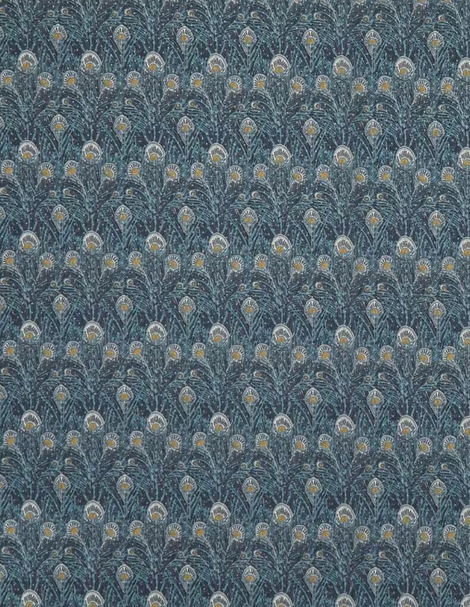 Close up of a royal, vibrant fabric has a quality print of peacock feathers dark blue with a mustard eye.