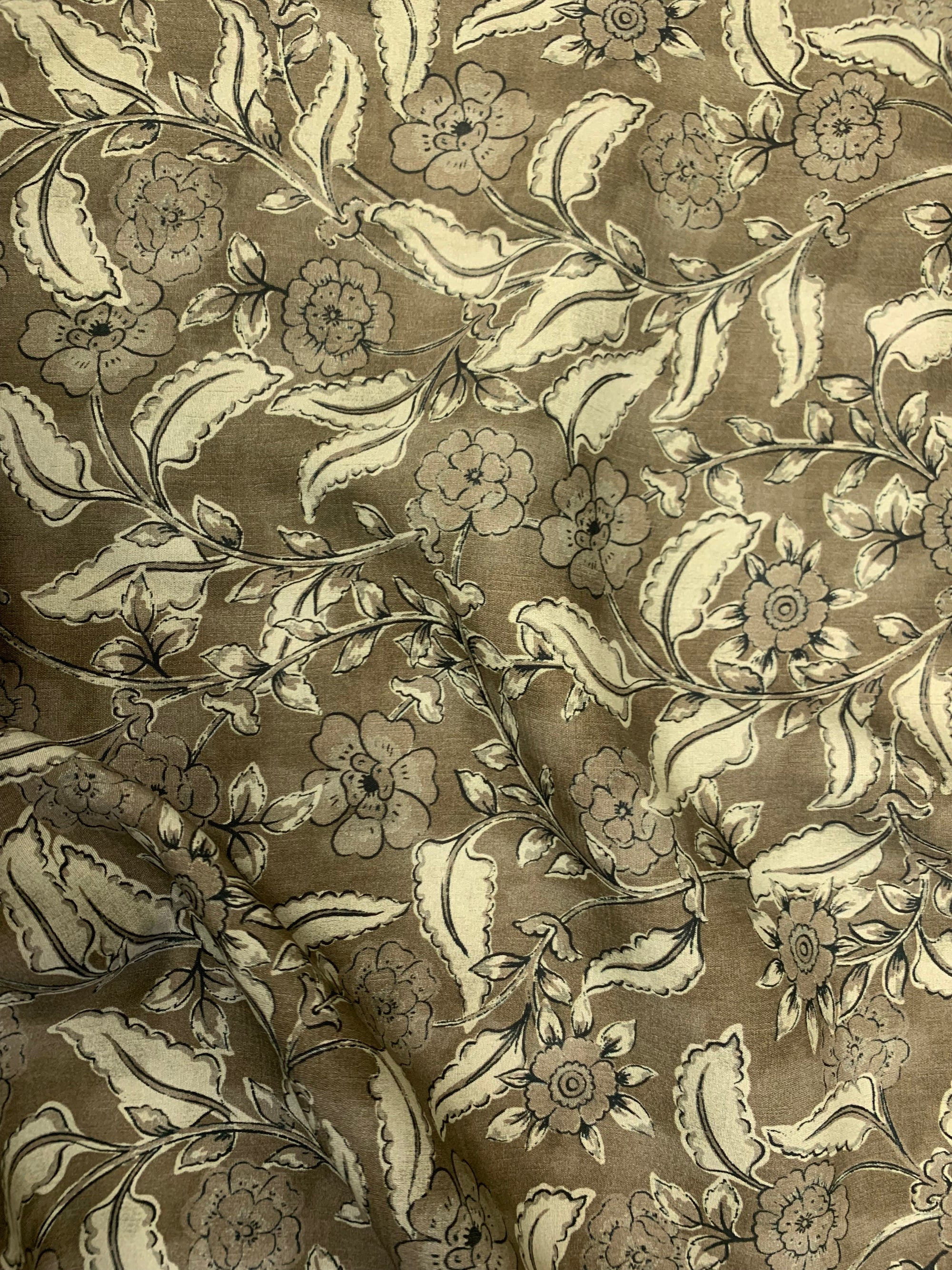 Viscose challis fabric in a Vintage Olive/Taupe floral print.