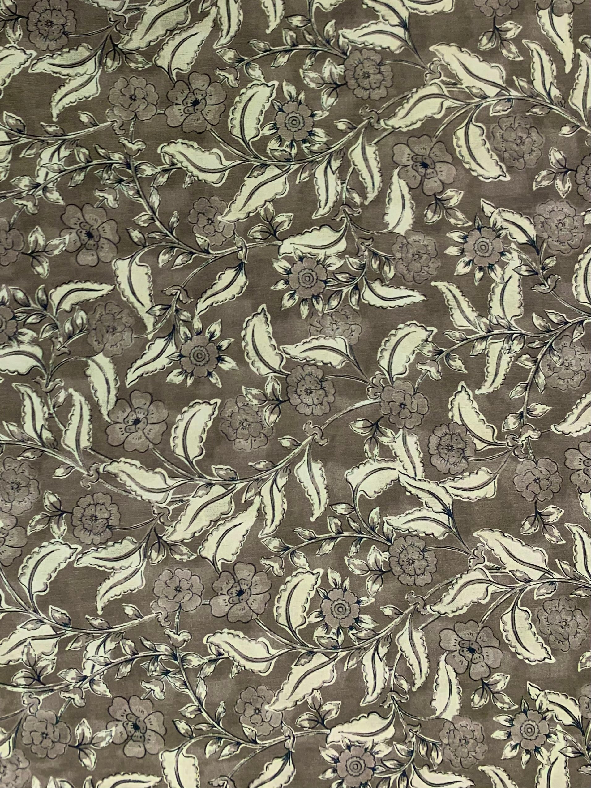 Viscose challis fabric in a Vintage Olive/Taupe floral print.