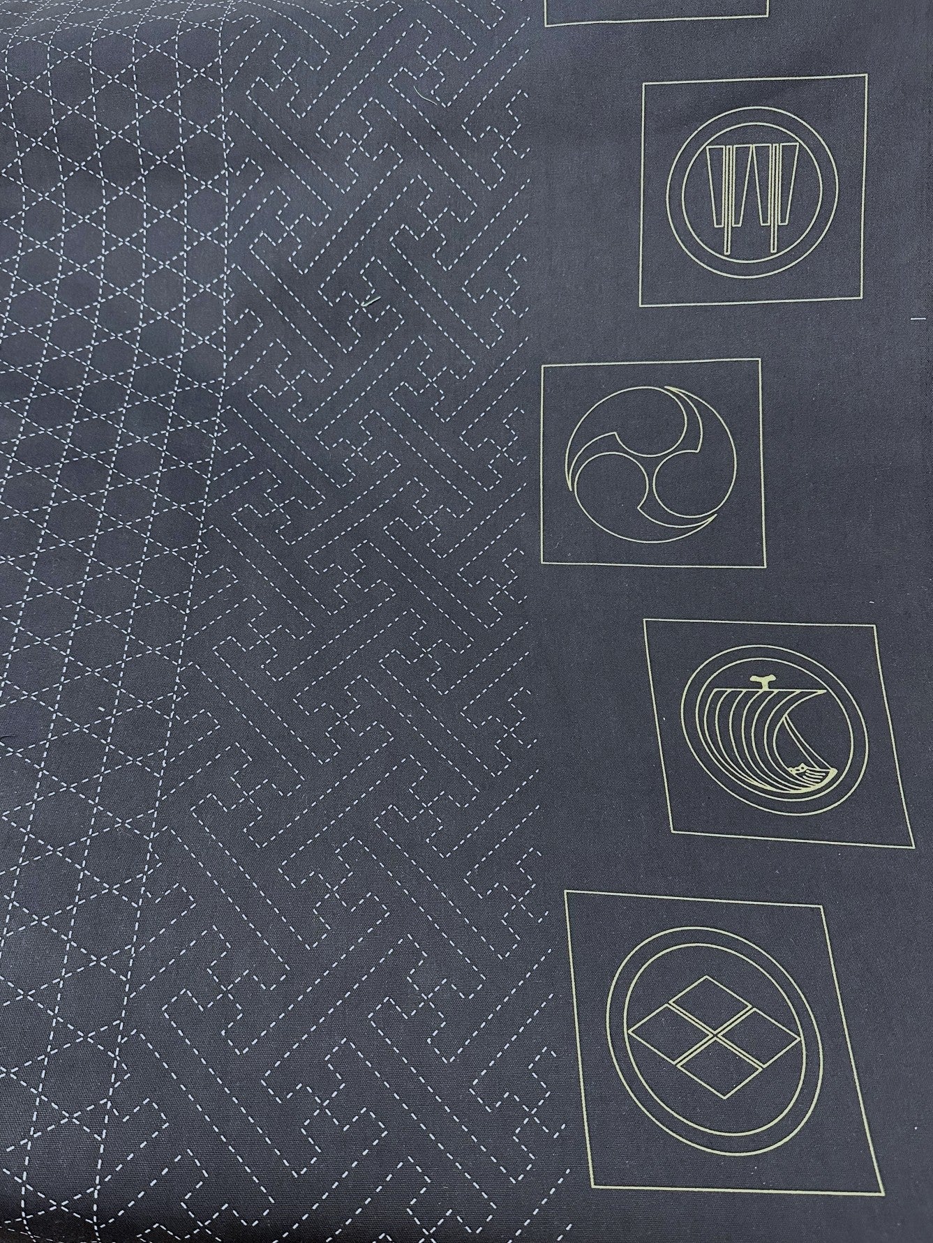 Dark fabric with white geometric sashiko patterns and symbols
