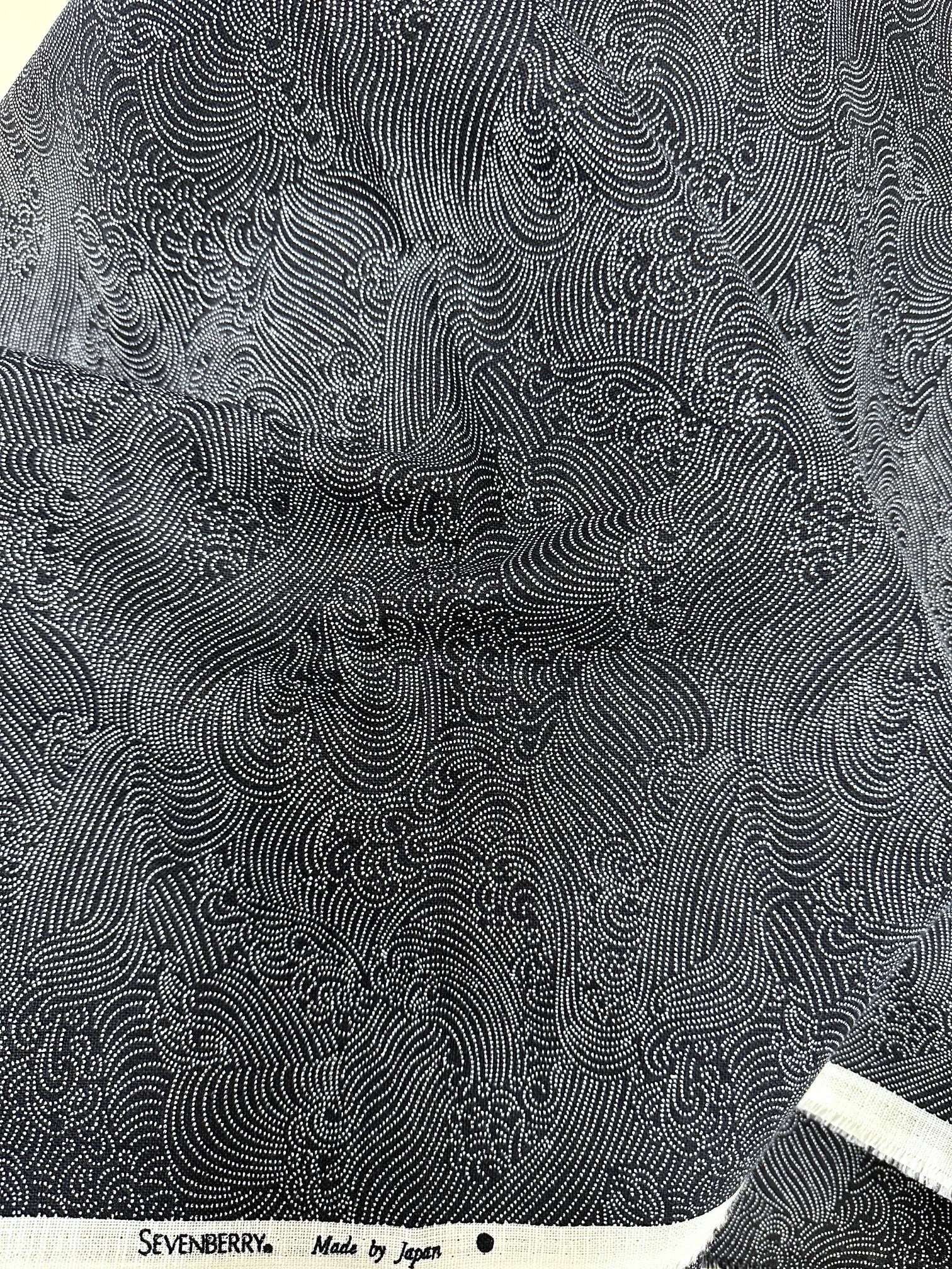 navy and white patterned fabric with a ruler at the bottom for scale.