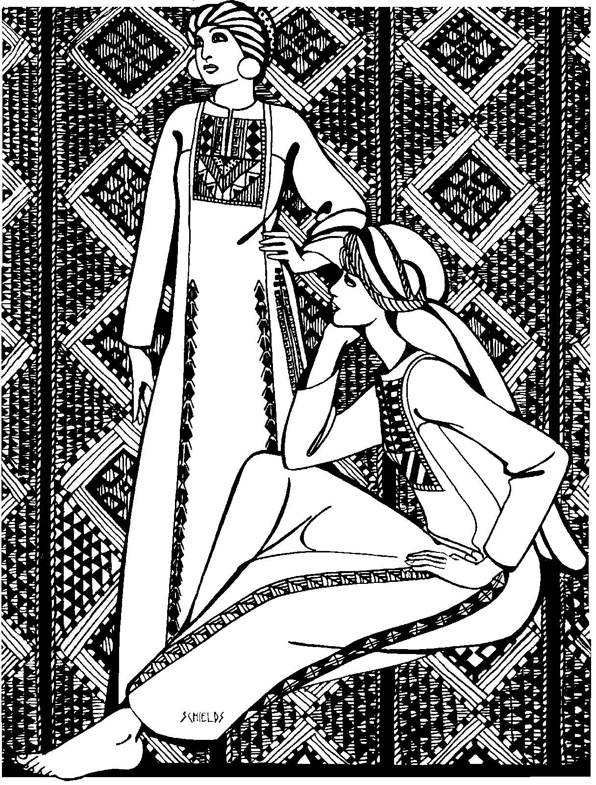 black and white pen and ink drawing of two women, one sitting, one standing, in embroidered Gaza Dresses.  Illustration by Gretchen Schields