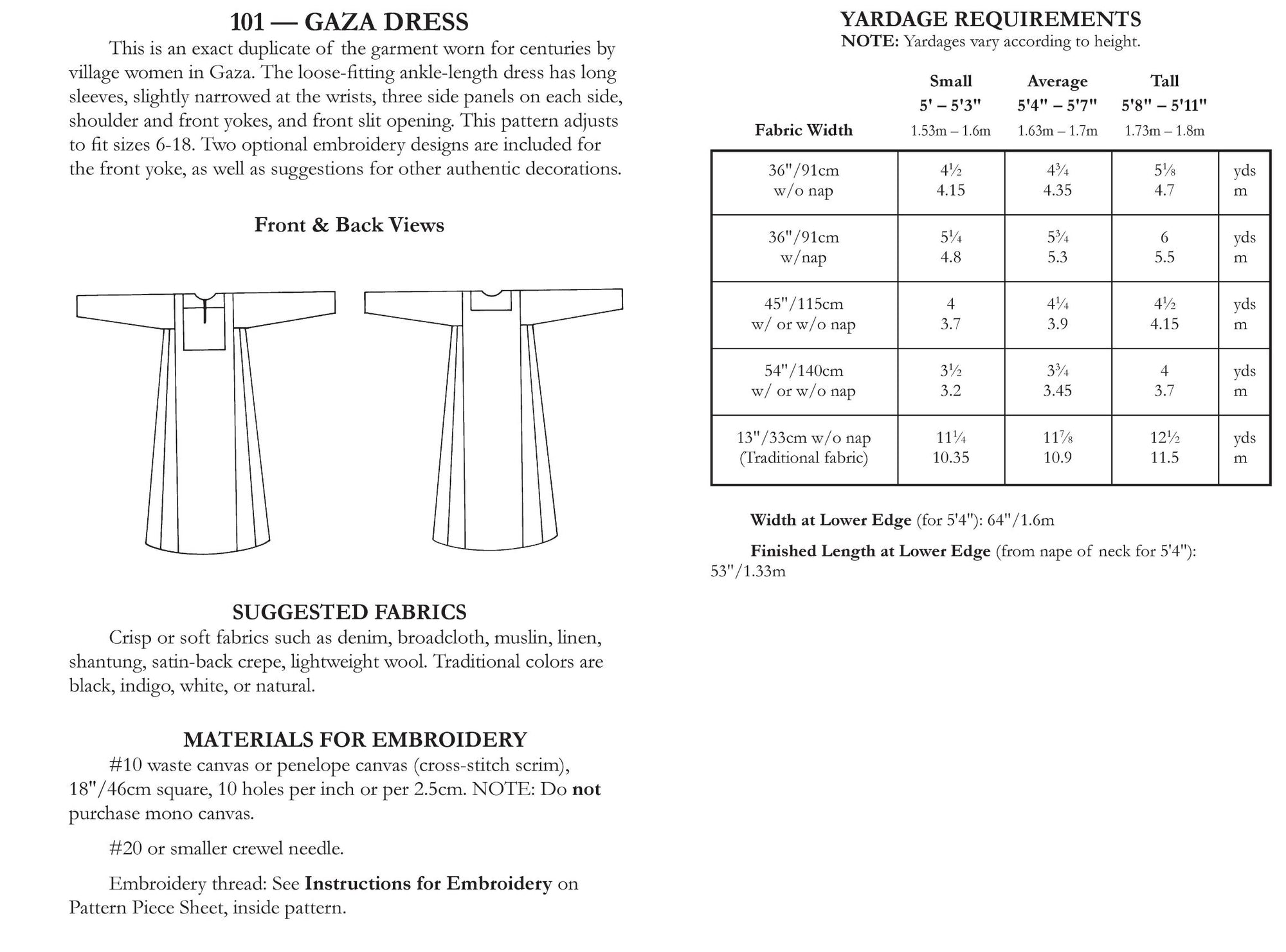 back of pattern envelope with description, line drawings, fabric suggestions, and sizing chart