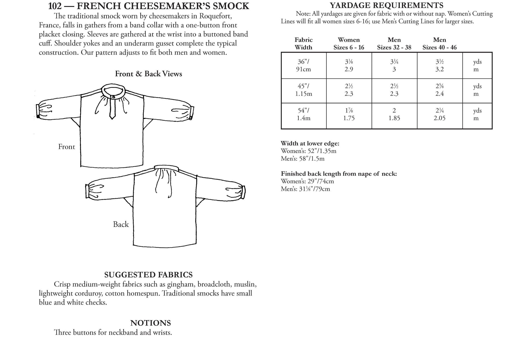 back of pattern envelope with description, line drawings, fabric suggestions, and sizing chart