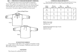 back of pattern envelope with description, line drawings, fabric suggestions, and sizing chart