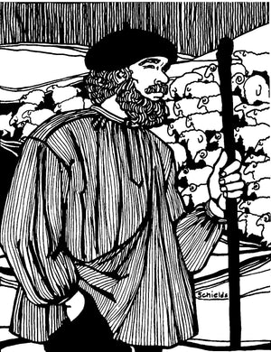 black and white pen and ink drawing of a man with a beard and holding a staff wearing the French Cheesemakers Smock.  Sheep in background..  Illustration by Gretchen Schields