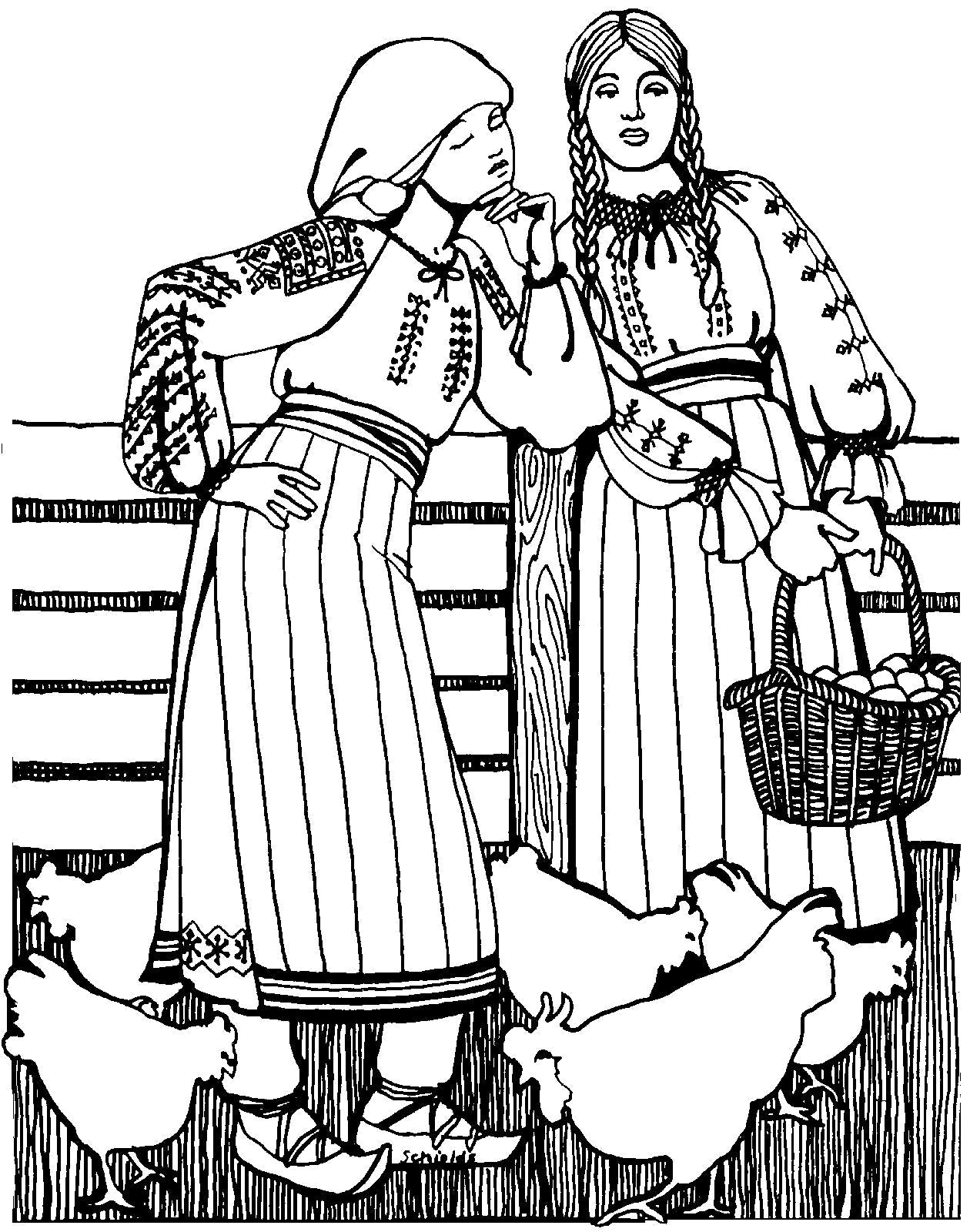 Pen and ink drawing by artist Gretchen Shields.  Two women in traditional Romanian costume.  One holds a basket full of eggs.  the other leans on a fence post.  Chicken are at the feet of both women.