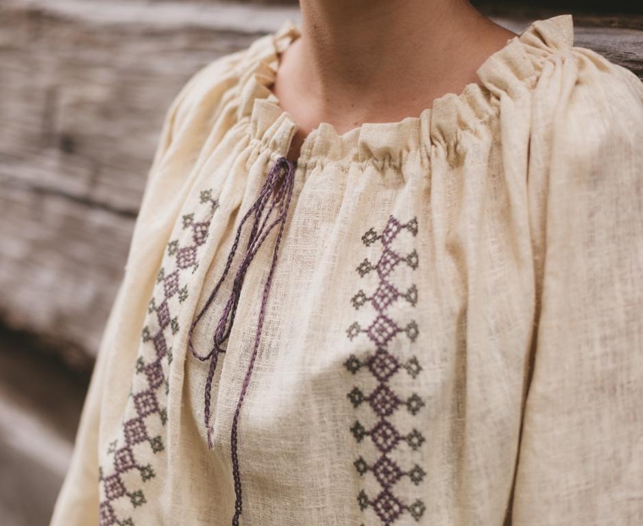 Close up photo of the Romanian Blouse neckine.  Shows gathers and drawstring closure as well as embroidery on chest.