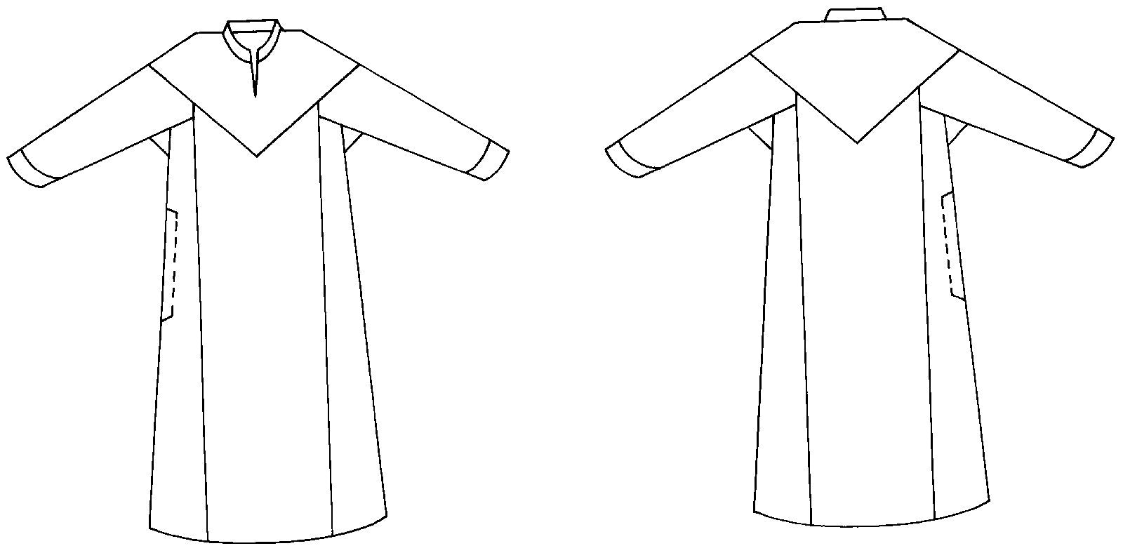 Flat line drawing of front and back view of 105 Syrian Dress