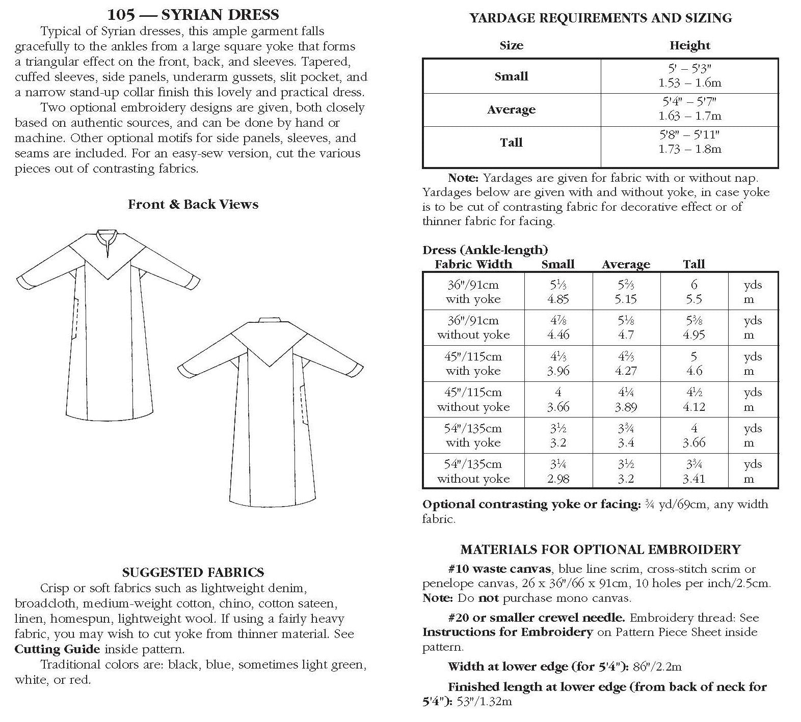 back of pattern envelope with description, line drawings, fabric suggestions, and sizing chart