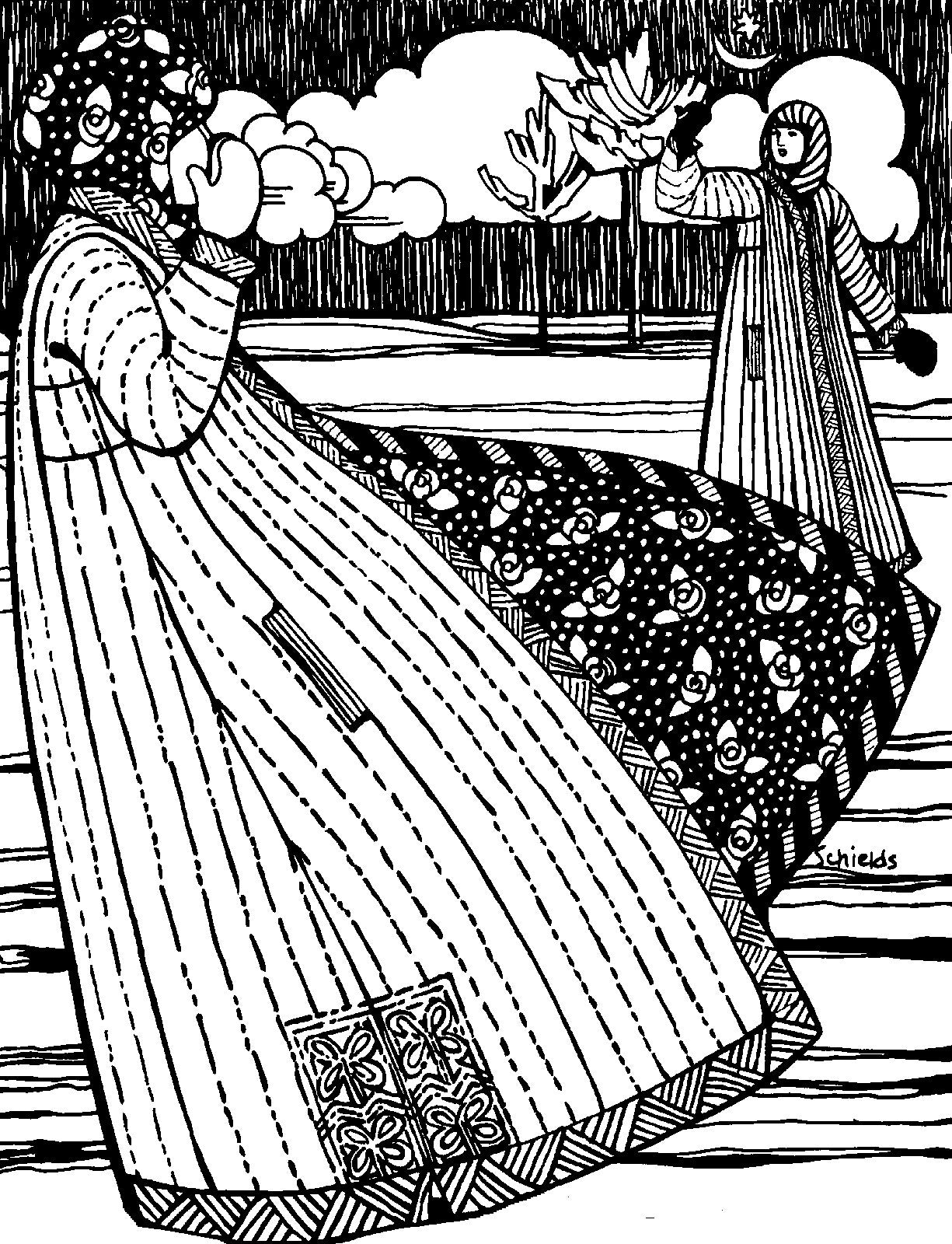 BLack and White pen and ink drawing be artist Gretchen Shields.  Woman in the foreground is facing side with coat blowing open in the wind.  Woman in background has arm raised as if waving to the other.  Trees and clouds are in the background.