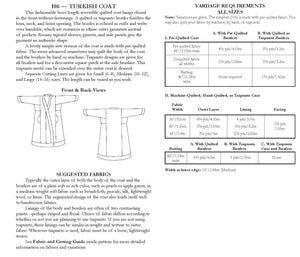 back of pattern envelope with description, line drawings, fabric suggestions, and sizing chart