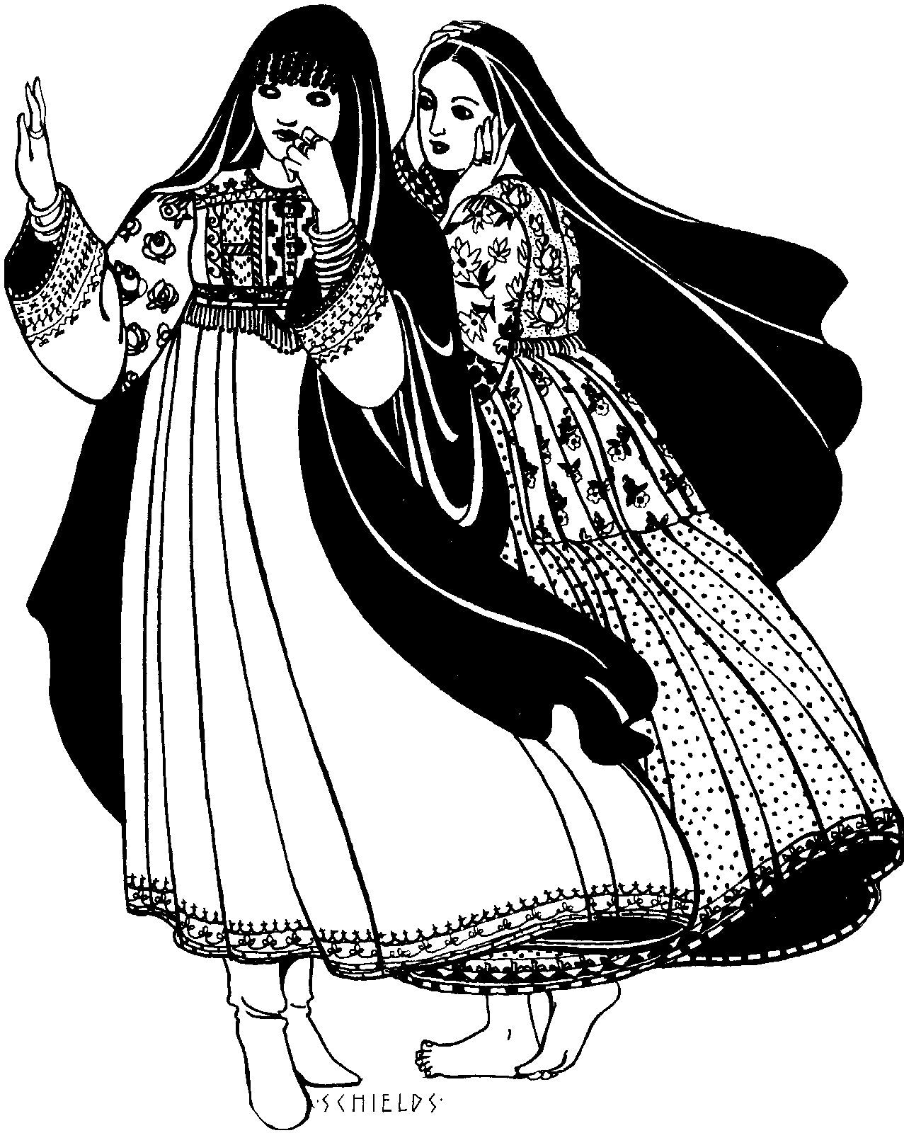Pen and ink drawing by artist Gretchen Shields. Two women in traditional Afghan Nomad Dresses standing close to eachother.  Dress on woman on left has intricate bodice. The other woman's dress has floral fabric. Both have long head scarves flowing down their backs.