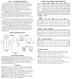 back of pattern envelope with description, line drawings, fabric suggestions, and sizing chart