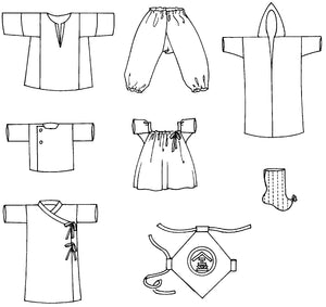 Flat line drawing of front view of all 8 of 109 Little Folks garments.