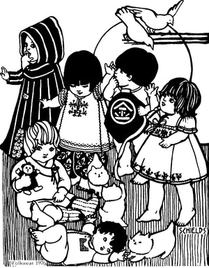 Black and white pen and ink drawing by Gretchen Shields.  Six toddlers wearing the 8 variations included in the pattern.  Kittens and birds at surrounding the children.