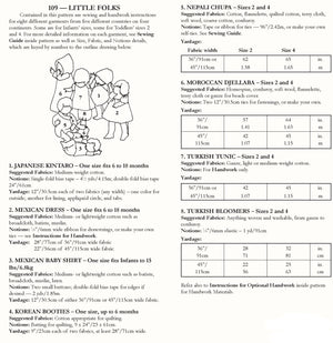 Photo of back cover of pattern.  Shows size chart and describes individual elements of pattern.