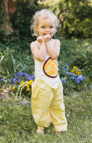 Front view of toddler wearing Turkish Bloomers and Japanese Kintaro