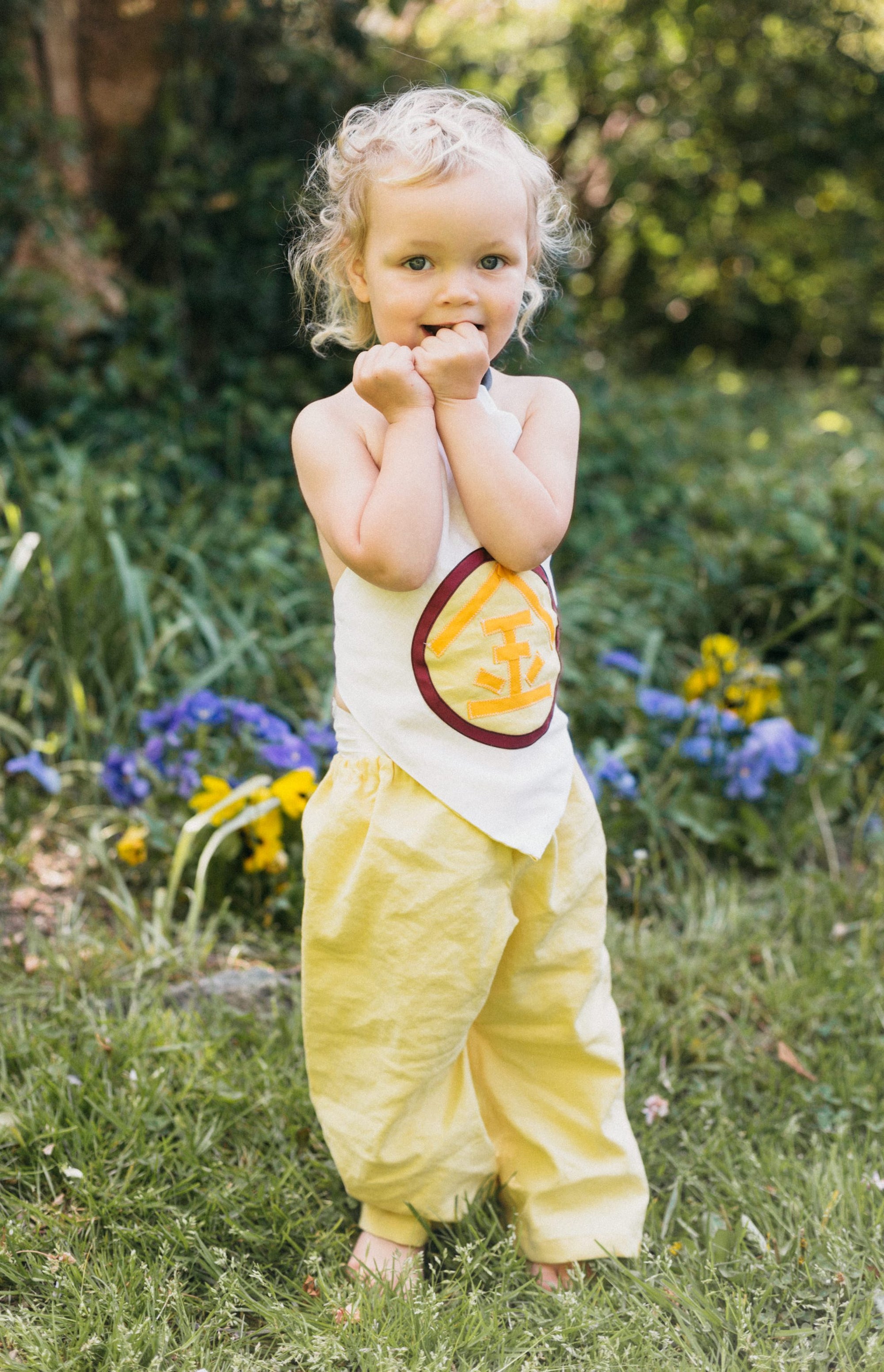 Front view of toddler wearing Turkish Bloomers and Japanese Kintaro