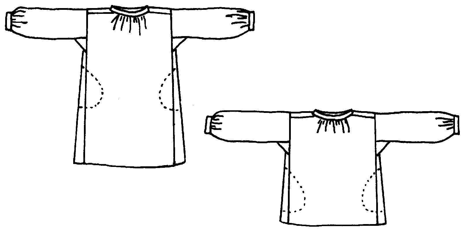 Flat line drawings of front view of two lengths. Dress and Shirt 