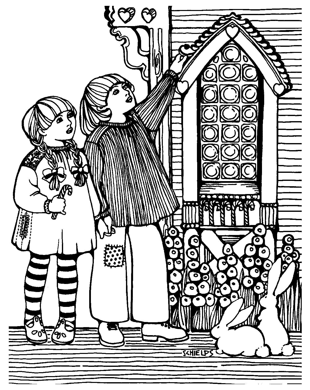 Black and white pen and ink drawing by Gretchen Shields.  A Young boy and girl stand outside a house wearing the smock and looking up at ornate window. Flowers grow under the window and bunnies sit in front of flowers.