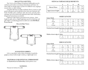 Photo of back cover for 110 Little Kittle pattern.  Shows size charts and descriptions as well as fabric suggestions.