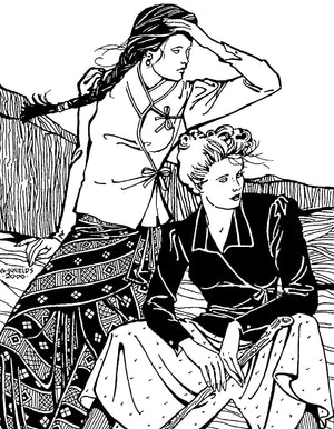 Black and white pen and ink drawing by Gretchen Shields.  Two women wearing Nepali wrap tops.  One standing looking into distance and other sitting.