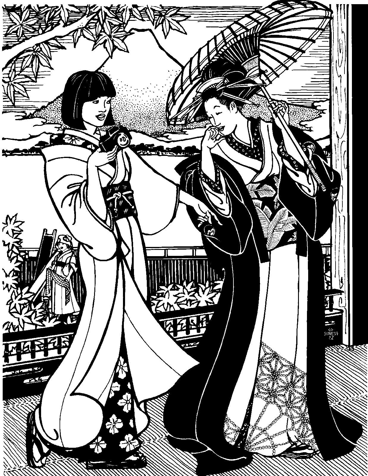 Black and white pen and ink drawing by Gretchen Shields.  Two women standing together in traditional formal kimono and casual kimono. 