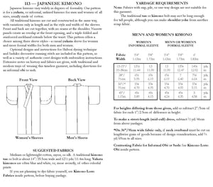 Photo of back cover showing yardage charts and size chart.  Fabric suggestions are included.