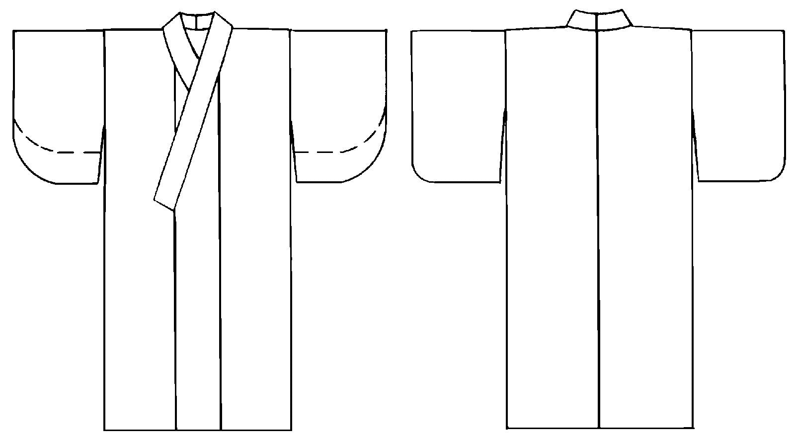Flat line drawings of front and back views of Kimono
