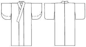 Flat line drawings of front and back views of Kimono