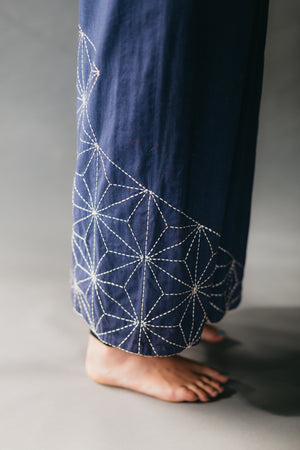 Close up photo of sashiko embroidery along bottom of kimono