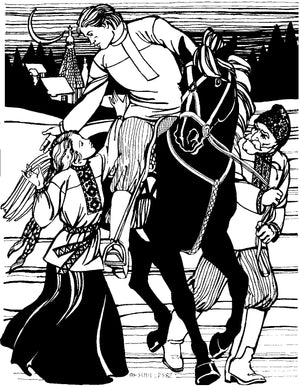 Black and white pen and ink drawing by Gretchen Shields.  An older man leads a young man on horseback.  Man on horse is reaching out to a woman standing to his right.  Woman wears an ornately embroidered View B with a belt.  Man on horse wears a simple View C.  Older man is wearing View A with embroidered neck opening.