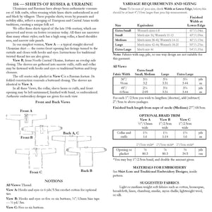 Photo of back cover of 116 Shirts of Russia and Ukraine.  Shows all views, descriptions, size and yardage chart, and fabric suggestions.