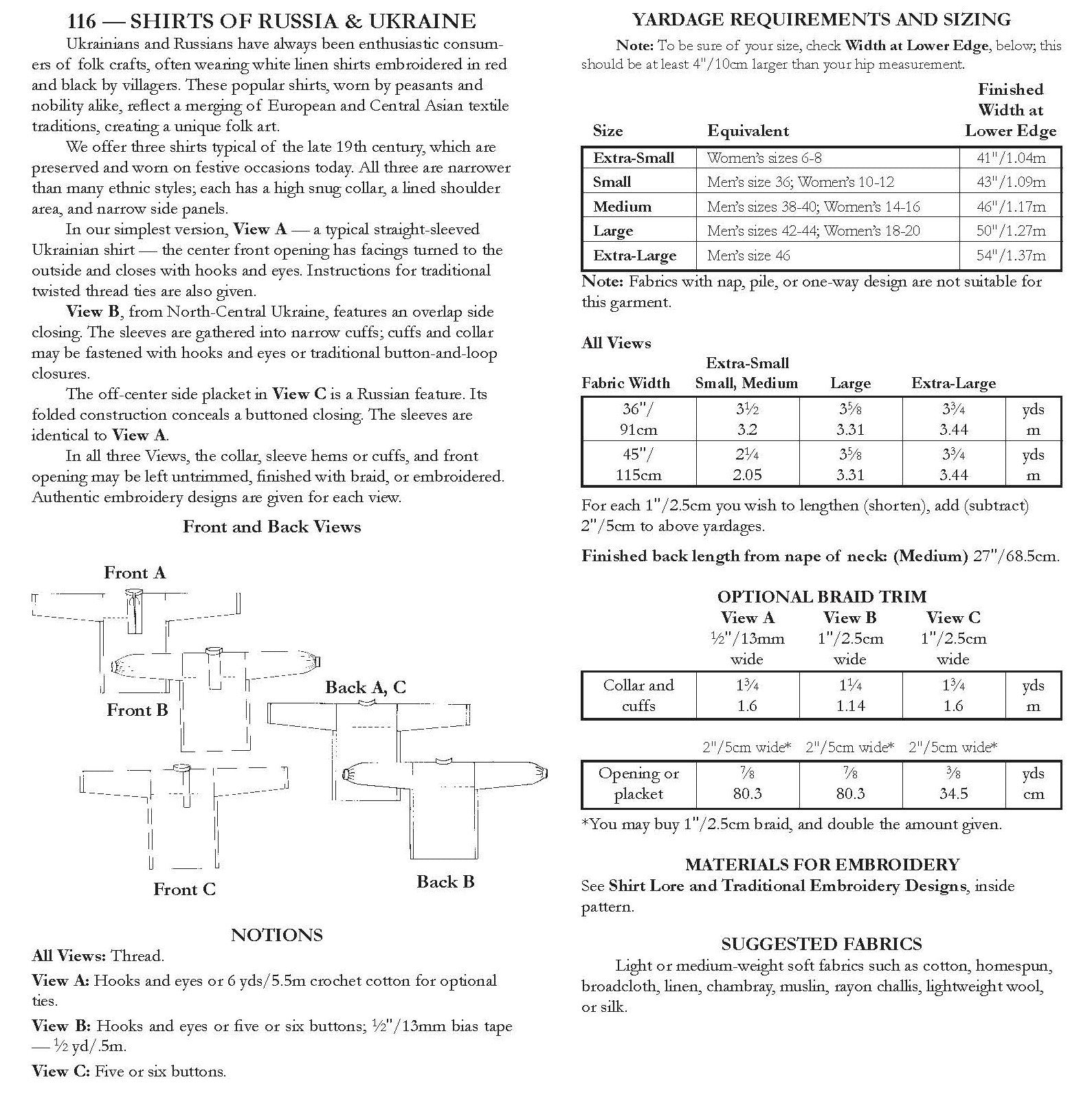 Photo of back cover of 116 Shirts of Russia and Ukraine.  Shows all views, descriptions, size and yardage chart, and fabric suggestions.