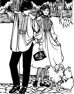 pen and ink drawing of a man and woman in Croatian Shirt and Dress with chickens on the ground