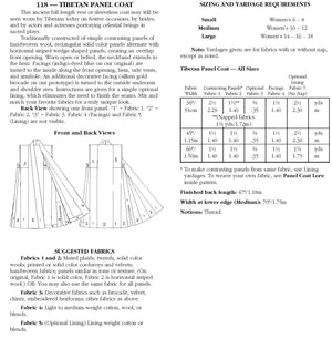Photo of back cover for 118 Tibetan Panel Coat. Shows all views, descriptions, size and yardage chart, and fabric suggestions. 