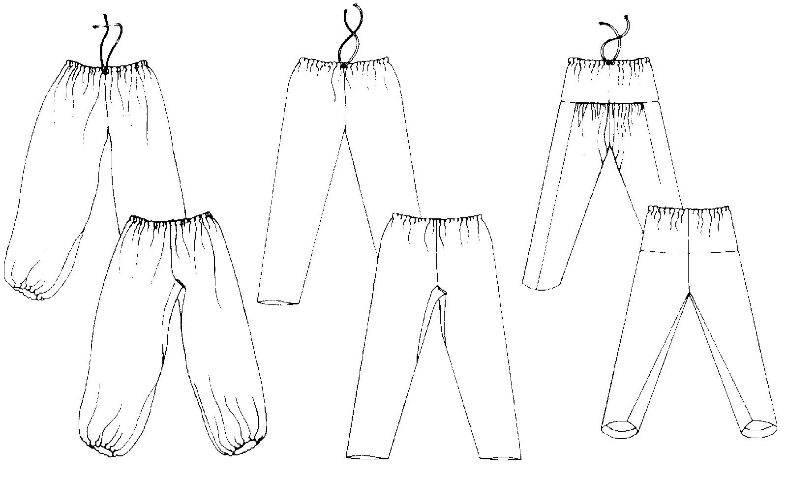 Flat line drawings of three views of 119 Sarouelles Pants.  